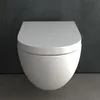 A white wall-mounted toilet against a dark gray textured wall and a gray concrete floor. Produktbild-Vorschau