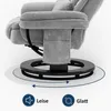 A close-up view of a gray fabric recliner chair's base, showing its swivel mechanism and two icons with text labels indicating features. Produktbild-Vorschau