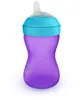 A purple Philips Avent sippy cup with a blue lid and white spout, isolated on a white background. Voir les images du produit