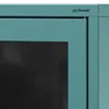 A close-up view of a teal-colored cabinet with a black glass door and the name 'Jan Nowak' printed on the top right. Produktbild-Vorschau