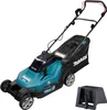 A teal and black Makita cordless lawnmower is shown against a white background, with a black mulch attachment to the right. Anteprima dell’immagine prodotto