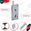 A lock mechanism and accessories are displayed against a blueprint background of a house. Produktbild-Vorschau