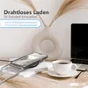 A smartphone case with a lanyard is shown on a desk next to a laptop and a cup of coffee, with text overlay describing its features. Produktbild-Vorschau