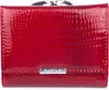 A close-up studio shot of a red, patent leather wallet with a textured finish. Produktbild-Vorschau