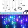 Diagram showing dimensions and features of a solar LED string light, followed by an image of the lights in use. Produktbild-Vorschau