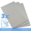 Three gray filter sheets are stacked on a white background. Text and icons are overlaid on the bottom left and bottom right. Produktbild-Vorschau