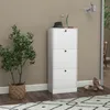 A white shoe cabinet with three drawers is shown in a hallway next to a potted plant. A hat and a decorative flower are on top of the cabinet. A pair of shoes is on the floor in front of the cabinet. Produktbild-Vorschau