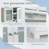 A collage of four close-up images showcasing the details of a white cabinet, with German text descriptions. Podgląd zdjęcia produktu