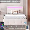 A bed with LED lighting and a smartphone app interface. Produktbild-Vorschau