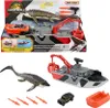 A collage of a toy Jurassic World Mosasaurus rescue action boat set, showing the packaging and the individual toy components. Náhľad obrázku produktu