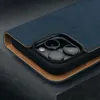 Close-up of a blue leather wallet case for an iPhone, showing the camera module. Produktbild-Vorschau