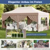 A large beige party tent set up on a grassy lawn, with tables and chairs inside. Smaller images at the bottom show a party, a wedding, and a market scene. Produktbild-Vorschau