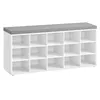 A white shoe bench with a gray cushion and 15 compartments, shown against a white background. Produktbild-Vorschau