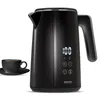 A black electric kettle with a digital display and a black cup and saucer are shown against a white background. Produktbild-Vorschau