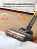 A close-up shot of a cordless vacuum cleaner head on a carpet, with graphics indicating different suction modes. Produktbild-Vorschau