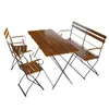 A wooden and metal outdoor dining set, including a table, a bench, and two chairs, is displayed against a white background. Produktbild-Vorschau