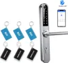 A smart lock with a keypad and handle, along with several key fobs, and a smartphone displaying the TTLock app. Produktbild-Vorschau