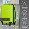 A bright green suitcase with informational graphics on the side. Produktbild-Vorschau