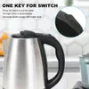 Close-up of a stainless steel electric kettle with text overlay describing its features. Produktbild-Vorschau
