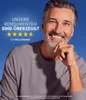 A man smiling and touching his chin, with text and star ratings in the background. Voir les images du produit