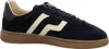A side view of a navy blue sneaker with cream-colored stripes and a brown sole. Anteprima dell’immagine prodotto