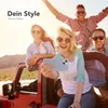 Four friends are enjoying a road trip in a red jeep, taking a selfie with a smartphone. Produktbild-Vorschau