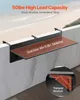A balcony table attached to a railing, with text overlays highlighting its features. Voir les images du produit