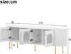 A diagram showing the dimensions of a white TV cabinet with golden legs and accents. Podgląd zdjęcia produktu