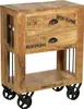 A wooden bedside table with two drawers and an open shelf, mounted on wheels. Produktbild-Vorschau
