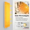 A vertical panel radiator with heat waves emanating from it, and a diagram of a room being heated by a radiator. Podgląd zdjęcia produktu