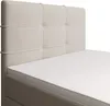A close-up view of a beige upholstered headboard and a white mattress topper on a bed. Voir les images du produit