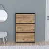 A shoe cabinet with three drawers is shown in a room with a mirror and a stool. Náhľad obrázku produktu