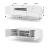 Two views of a white lowboard TV stand with dimensions indicated. Náhled obrázku produktu