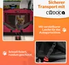 A dog in a car seat carrier, with marketing text and close-up of a seatbelt attachment. Anteprima dell’immagine prodotto