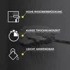 Marketing image showing icons and text describing product features, with a paint roller in the background. Produktbild-Vorschau