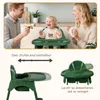 A collage of images showing a family interacting with a baby in a high chair, and close-ups of the high chair highlighting its features. Produktbild-Vorschau