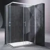 A modern shower enclosure with sliding glass doors, set against a dark textured wall. Produktbild-Vorschau
