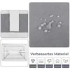 Collage of images showing details of a fabric laundry basket, including its material texture, a close-up of a handle, and a view of the bottom, along with marketing icons and text. Produktbild-Vorschau
