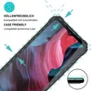 A close-up view of a smartphone screen protector, highlighting its case-friendly feature with arrows and text. Produktbild-Vorschau