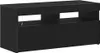 A black TV stand with two open compartments on top and two drawers below. Náhled obrázku produktu
