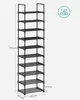 A tall, black, 10-tier shoe rack with dimensions indicated. Produktbild-Vorschau