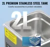 Close-up view of the interior of a stainless steel tank from an ultrasonic cleaner, with large text indicating capacity and a smaller inset image of a basket. Voir les images du produit
