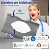A woman in a lab coat holds up a pillow, with various certifications and text overlays. Produktbild-Vorschau
