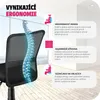 Close-up of a black office chair with a spinal graphic overlay, highlighting its ergonomic features and benefits with text descriptions and icons. Náhled obrázku produktu