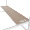 A close-up view of a wooden shelf with integrated power outlets and USB ports, part of a white metal frame structure. Produktbild-Vorschau