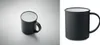 Two images of a black mug with a white interior, presented on a light gray and white background. Produktbild-Vorschau