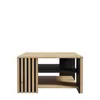 A modern coffee table with a slatted wooden panel on one side and open shelving on the other. Voir les images du produit