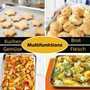 A collage of four images showing different food items being prepared or baked on baking sheets, with text overlays indicating uses. Produktbild-Vorschau