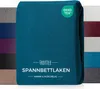 A folded teal fitted sheet with a green OEKO-TEX logo and text overlay. Produktbild-Vorschau