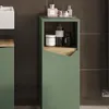 A green bathroom cabinet with an open shelf displaying toiletries. Voir les images du produit
